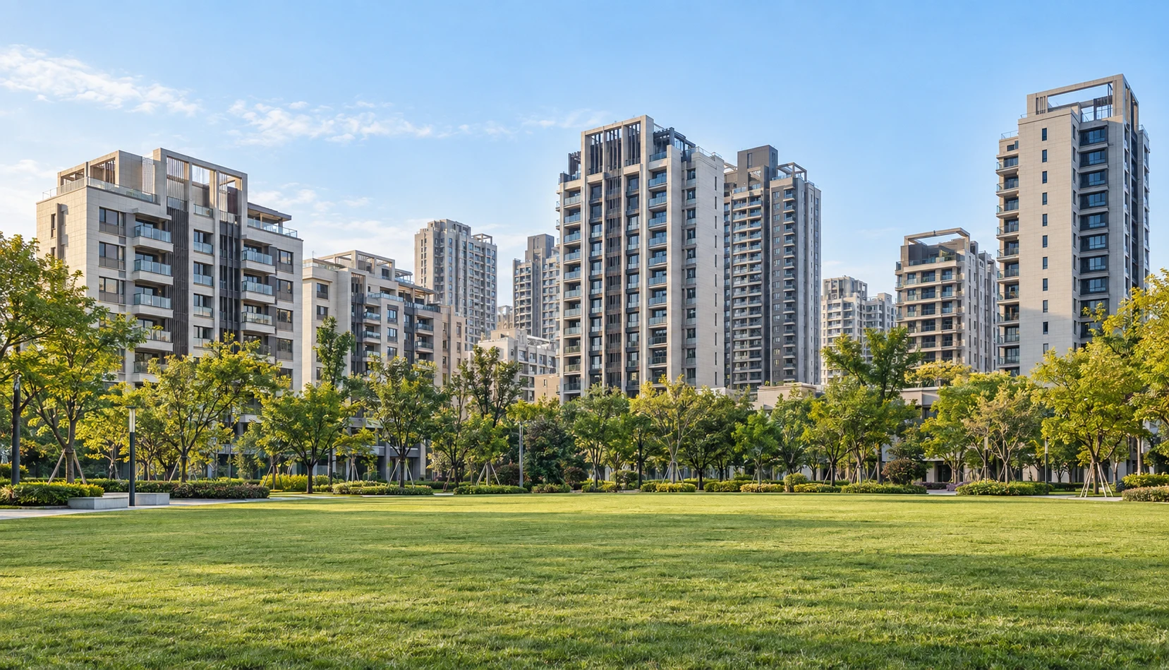 藍天下的現代住宅大樓、景觀樹木與開闊草地